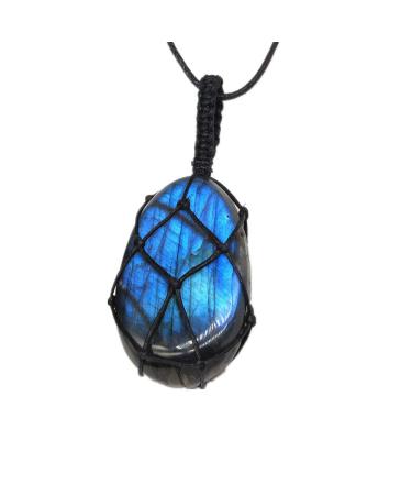AITELEI Natural Labradorite Crystal Necklace Healing Chakra Pendant with Hand-Woven Rope Labradorite Palm Stone Moonstone Healing Stone Pendant
