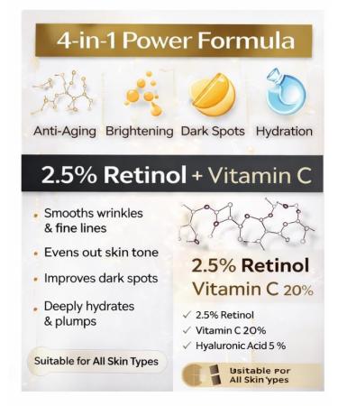 Retinol + Supreme Serum 2.5% Vitamin C 20% Hyaluronic Acid 5% Niacinamide 3.5% Anti-Aging Skin Repair Supercharged Face Serum - Buy Online on GoSupps.com