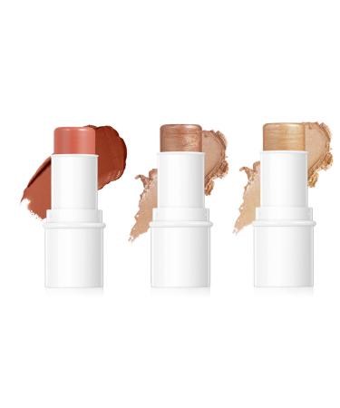 3 Pcs Highlighter Makeup Stick 3 In 1 Cream Blush Highlight Contour Stick for Cheeks Eyes&Lips Silky Lightweight Texture Sparkling Waterproof Long Lasting Natural Charming Face Foundation Stick Makeup 3P
