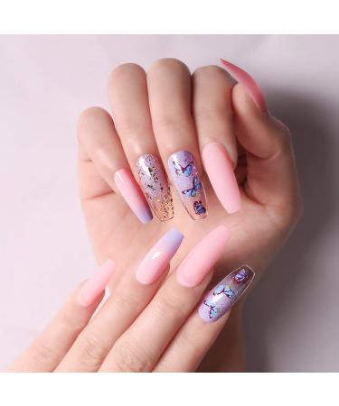 Sethexy Long Ballerina Matt False Nail Tips - Pink Gradient Sparkle Butterfly Coffin Fingernails | 24pcs Acrylic Art for Women & Girls - International Shipping Available - Buy Online on GoSupps.com