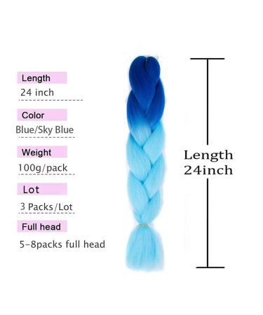 Jumbo Ombre Braiding Hair 3 Pack 24 Inch Synthetic Crochet Braids - Blue/Sky Blue - Buy Online on GoSupps.com