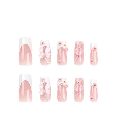 White French Tip Press on Nails - Medium Long Acrylic Fake Nails with 3D Bow Pearls & Flower Charms - Full Cover Glossy Stick on Nails for Women | 24 Pcs - Buy Online on GoSupps.com