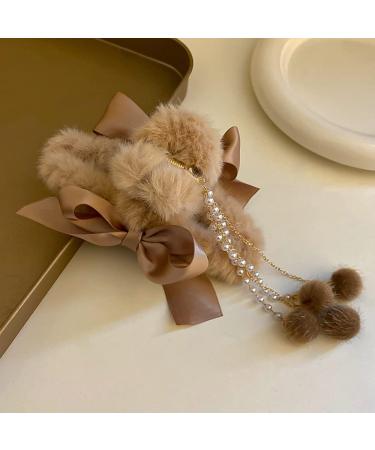 Furry Hair Claw Big Bow Hair Clips with Pearl Tassel for Women and Girls - Pink - Buy Online on GoSupps.com