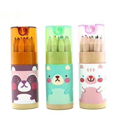 Pomeat 3 Pack Cute Cartoon Bear Mini Drawing Colored Pencils with Sharpener 3.5 Length Portable 12 Count in Tube