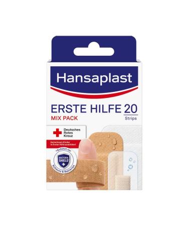 Hansaplast first aid Pflaster Mix (20 strips) plaster set in different sizes Ideal for on the go wound paving with Bacteria Shield 20 pieces (1 Pack) 20 strips - with Bacteria Shield - Buy Online on GoSupps.com