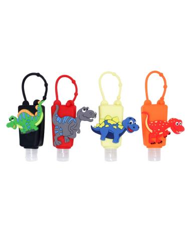 4Pcs Kids Empty Travel Bottle Hand Sanitizer Holder with Silicone Case Leak Proof Refillable Travel Containers, Liquid Soap, Lotion, Dinosaur (Cute Dinosaur)