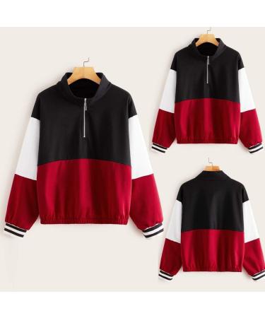 Bigfanshu Womens Tops Long Sleeve Zip Front Half Placket Cut and Sew Sweatshirt Pullover Hoodie Black - Buy Online on GoSupps.com