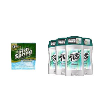 Irish Spring Moisture Blast Deodorant Bar Soap for Men Feel Fresh All Day 3.7 oz 12 Pack & Speed Stick Men's Deodorant Regular 3 Ounce 4 Pack