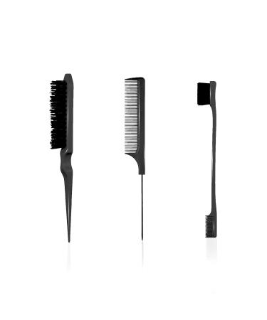 3 Pieces Hair Styling Comb Set Teasing Hair Brush Rat Pin Tail Comb Double-Sided Edge Brush for Edge & Back Brushing Combing Slicking Hair for Women Babies Kids' Hair - Black