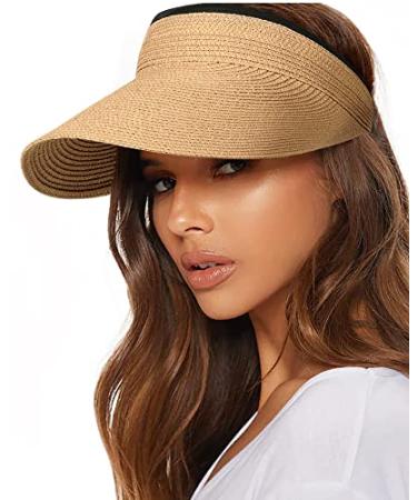 FURTALK Womens Sun Visor Hat Straw Sun Visors for Women Summer Packable Ponytail Beach Hats for Women Travel UPF 50+ 01 Khaki One Size
