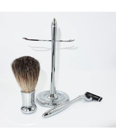 Kjyr Portable Men's Razor Brush Set - Pure Natural Roof Hair Silver-Chrome Handle 3-Layer Blade - Robust 10x16.5cm - Buy Online on GoSupps.com