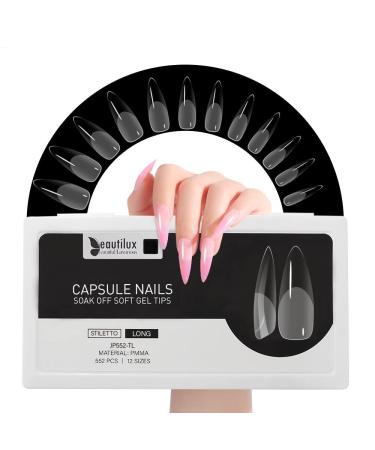 Beautilux nail tips 552 pieces long stiletto tips for gelail transparent 12 sizes soft full cover nail tips for home manicure and nail studios Professional long stiletto-552 PCs 1 ml (1 Pack)