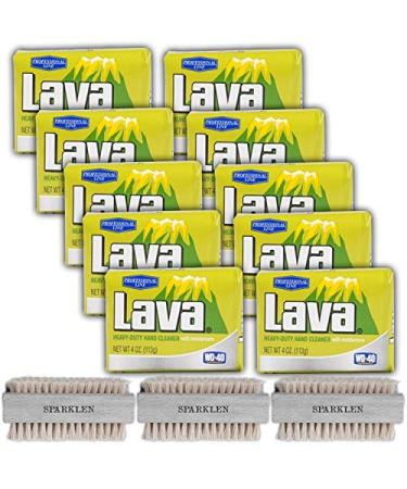 Lava Soap Bar Bulk Kit: (10 Pack) Hand Pumice Cleaner Exfoliating Commercial Scrub + (3 Pack) Wooden Nail Brush Scrubber For Cleaning Compatible With Lava.
