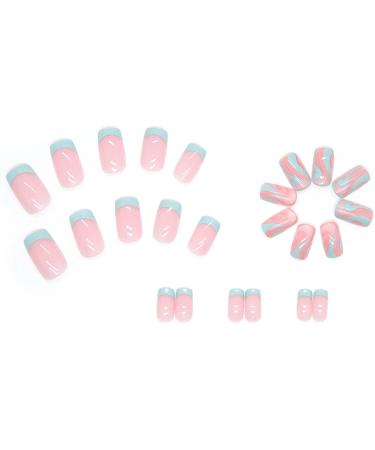 Square Short Blue French Fake Nails - 24Pcs Press On Acrylic with Pink Swirl | Nail Glue and Tips for Women & Girls - Buy Online on GoSupps.com