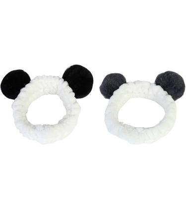 Lurrose 2 pieces make-up forehead straps cute panda ear soft women headbands for cosmetic face shower spa yoga sport elastic hair band hair tip for girls women (black gray)