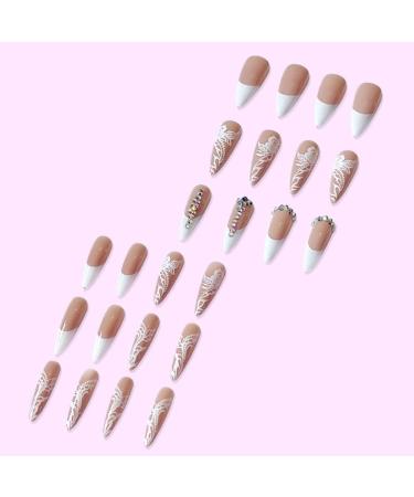 Runrayay White Acrylic Press-On Nails with Rhinestones - Long Floral Design Full Coverage for Women & Girls - Buy Online on GoSupps.com