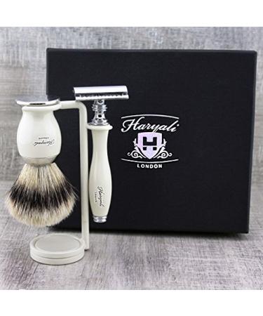 Luxury Men's Shaving Set: Grooming Essential Top Grade Silver Tip Brush & DE Safety (Blades NOT Included) & Dual Stand