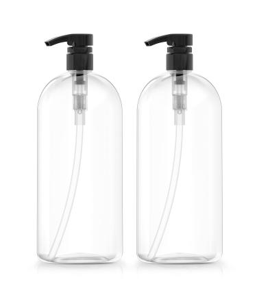 Bar5F Empty Shampoo Bottles with Pumps, 32oz/1Liter/Large, BPA-Free, Lightweight (Medium Density PETE1 Plastic) Pack of 2, Clear Bottles