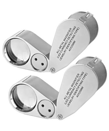 2 Pack 40X Metal Illuminated Jewelry Loop Magnifier, Magnifying Glass with LED Light Pocket Folding Jewelers Loupe for Currency Detecting Jewlers Identifying Type Lupe 2PCS