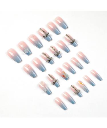 24 PCS Blue Glitter 3D Press on Nails with Rhinestones - French Pointed Fake Nail Kit - Buy Online on GoSupps.com