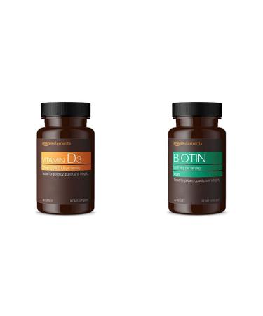 Amazon Elements Vitamin D3 5000 IU 180 Softgels 6 Month Supply & Biotin 5000 mcg Vegan 130 Capsules (4 Month Supply) - Buy Online on GoSupps.com