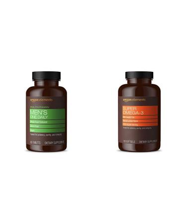 Amazon Elements Men's One Daily Multivitamin 62% Whole Food Cultured Vegan 65 Tablets 2 Month Supply & Super Omega-3 Natural Lemon Flavor 1280 mg per Serving (2 Softgels) 120 Softgels - Buy Online on GoSupps.com