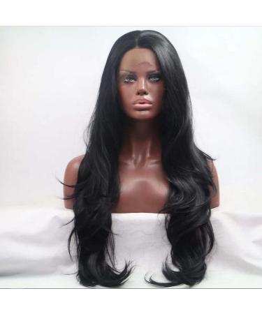 Sylvia 1b# natural black hair long natural waves synthetic lace front wig heat-resistant fiber hair for black women