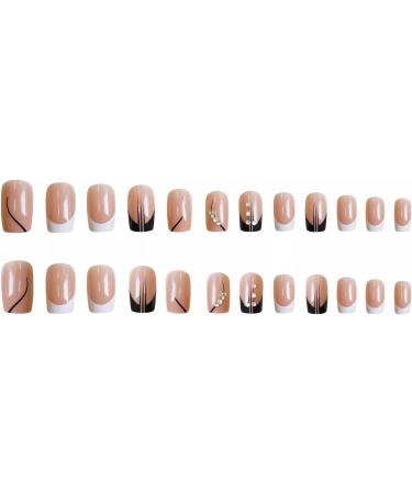 French Tip Press on Nails - Medium Square Press On Nails with Nail Tips Black and white French fake nail glitter diamond Design press on nails Acrylic False Nails Cute Artificial Nails - Buy Online on GoSupps.com
