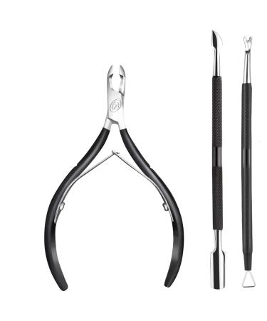 Cuticle Nipper with Cuticle Pusher- Professional Grade Stainless Steel Cuticle Remover and Cutter - Durable Manicure and Pedicure Tool - Beauty Tool Perfect for Fingernails and Toenails (Black)