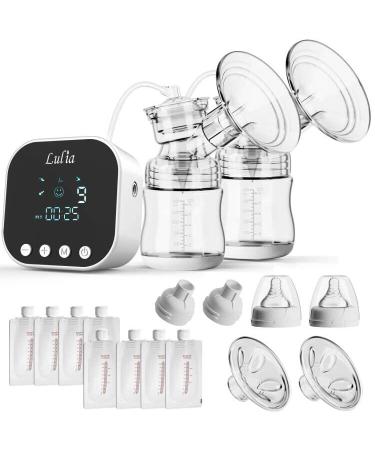 2023 Upgraded Model Double Electric Breast Pump Breast Pump with 8 Breast Pouches and Adapters Mechanical Buttons Pain-Free Powerful Express Rechargeable Portable Silicone Breast Pump White-02 White-02