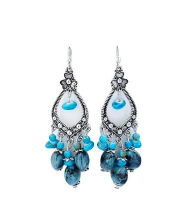 BETHYNAS Boho Beaded Tassel Earrings Retro Ethnic Teardrop Dangle Earrings Vintage Carved Drop Earrings American Indian Jewelry for Women Girls (Blue)