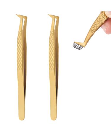 Unicraftale 2 pieces of golden tweezers for eyelash extensions tweezers made of stainless steel eyelash tool tweezers with curved head curved angled lace precision spin