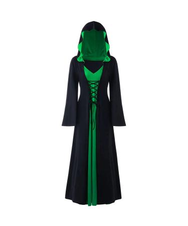 Bilqis Plus Size Gothic Medieval Witch Costume Strappy Cloak Hoodies Vampire Medieval Renaissance Long Sleeve Gown Dresses Green XX-Large