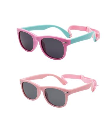 FOURCHEN Flexible Polarized Baby Sunglasses for Toddler and Infant with Strap Age 0-3 Full Pink+pink Green