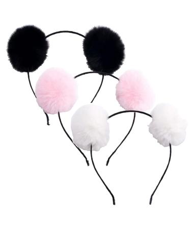 UPSTORE 3PCS Fluffy Pom Ball Headbands Hairband Panda Ears Hair Hoop Headwear Hair Bands Costume Hair Accessories for Birthday Party Halloween Christmas(Black+White+Pink)