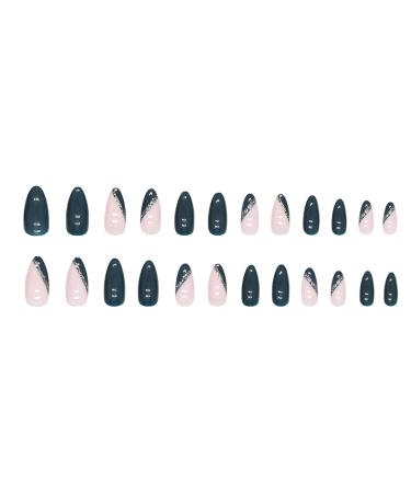 French Tip Press on Nails Medium Fake Nails Laser Green Design Almond Shape Glue on Nails for Women Acrylic Nails 24 Pcs almond 3 - Buy Online on GoSupps.com