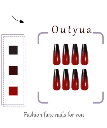 Outyua Halloween Red Black Press On Nails - Ombre Coffin Acrylic Designs for Women & Girls | 24Pcs Long Fake Nails - Buy Online on GoSupps.com