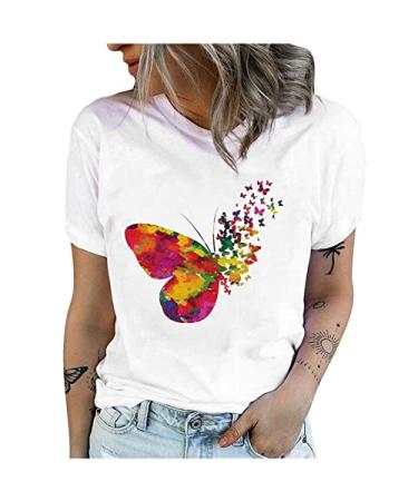 Women Short Sleeve Tops 2023 Summer Tees Plus Size Tops Butterfly Graphic Tees for Women Crewneck T-Shirt Multicolor Large