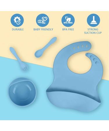 Vicloon Silicone Baby Feeding Set - 4Pcs Weaning Set with Suction Plate, Bib, Spoon & Fork | BPA-Free Toddler & Kids Bowl Set - Blue - Buy Online on GoSupps.com