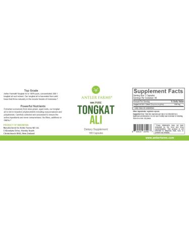 Antler Farms 100% Pure Tongkat Ali Extract 200:1 | 180 Vegan Capsules for Men's Health | Gluten Soy & Dairy Free - Buy Online on GoSupps.com