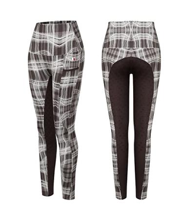 MakyeAme Women's Horse Riding Pants Full Seat Silicone Grip Riding Training Tights Equestrian Breeches with Size Pockets Coffee Plaid Medium