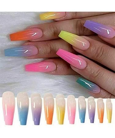 A N K Long Medium Short Sqouval Coffin Ballerina Ombre Tapered Press on Rainbow False Nails Glossy Metallic Full Cover Acrylic Nail False Tips Artificial Finger Manicure for Girls and Women