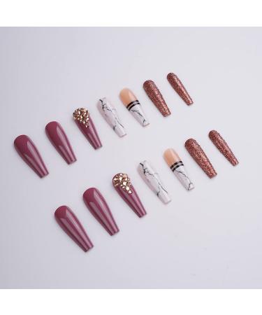 Xerling Bling Glitter Rhinestones Press-On Nails | 24Pcs Long Coffin Tips with Charms | Stylish False Nails Designs for Women & Girls - Buy Online on GoSupps.com