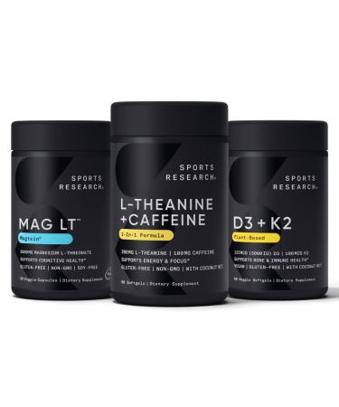 Sports Research Magtein Magnesium L-Threonate Capsules (2000mg 90 Capsules) Vegan Vitamin D3 + K2 w/Organic Coconut Oil (5000iu VIT. D 100mcg Mk7 VIT. K 60 Softgels) and L-Theanine (200mg 60 ct)