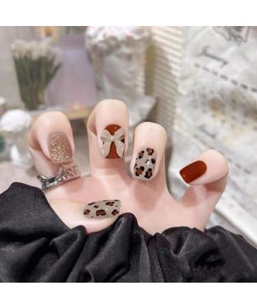 MENILITHS 24Pcs Caramel leopard pattern orange fashion ins European and American style with Art Fake Nail Tips Design Press on Nails with Double-Sided Adhesive for Women Girls