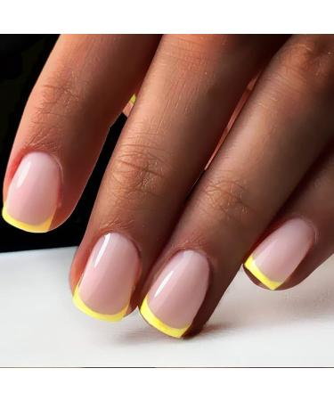 UKD Press On Nails Short with Designs Nude Square Stick On Nails for Women French Yellow Acrylic Nails Press On Full Cover Coffin Nails Glue On Nails 24Pcs Fake Nails for Nail Art Manicure Decoration