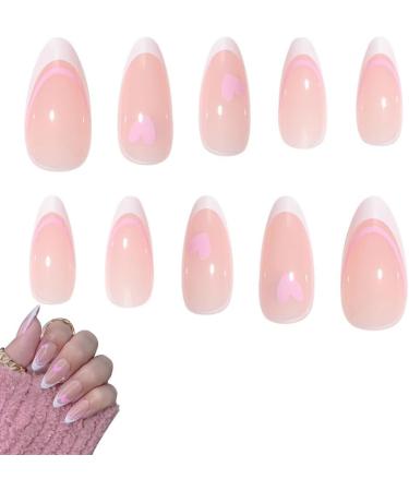 24Pcs French False Nails White Tip - Medium Length Almond Pink Press on Nails with Ballet Heart Design - Buy Online on GoSupps.com