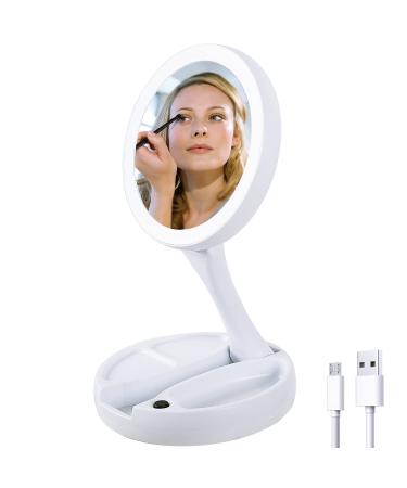 Softfree Lighted Folding Makeup Mirror  10X/1X Magnification Double Sided Mirror  5.9Inch LED Vanity Mirror for Travel  Home (White)