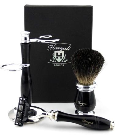 Haryali London Black Men's Shaving Set - 3 Razor Edges Badger Hair Brush & Stand | International Shipping Available - Buy Online on GoSupps.com