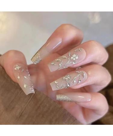 24Pcs/Set Press On Nails Long Vine Flower Diamond False Nails Acrylic Fake Nails Full Cover Nails Tips Artificial Finger Manicure Press on nails for Women and Girls